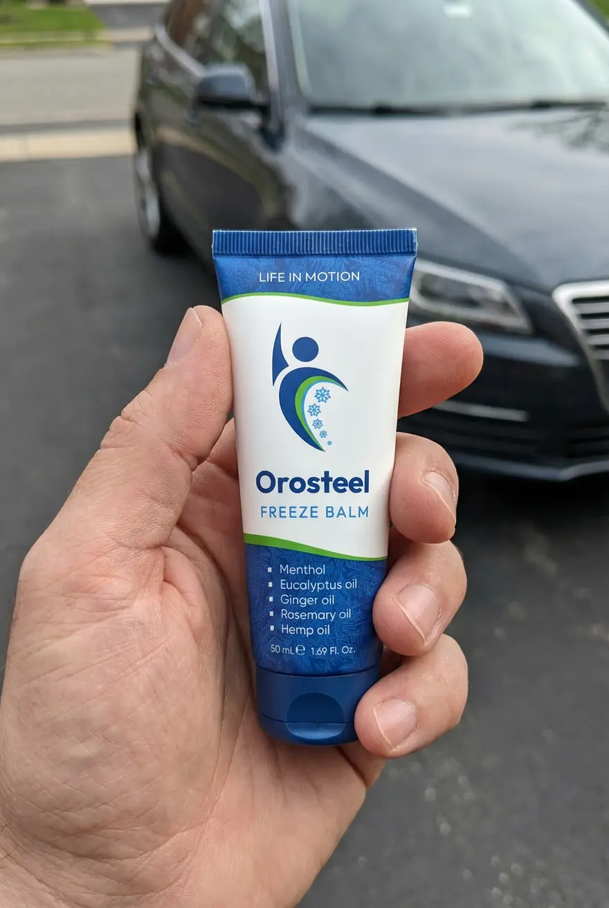 Skutečná tuba Orosteel Freeze Balm 50 ml v ruce venku na parkovišti