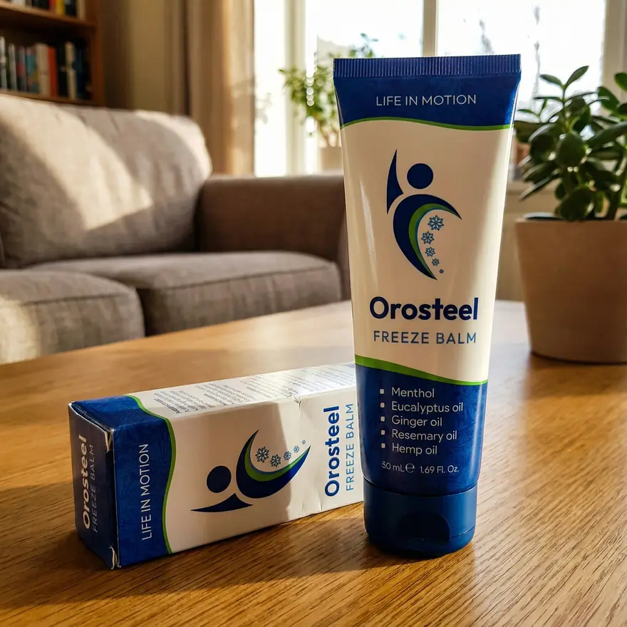 Tuba Orosteel Freeze Balm s ležící krabičkou na stole v obýváku