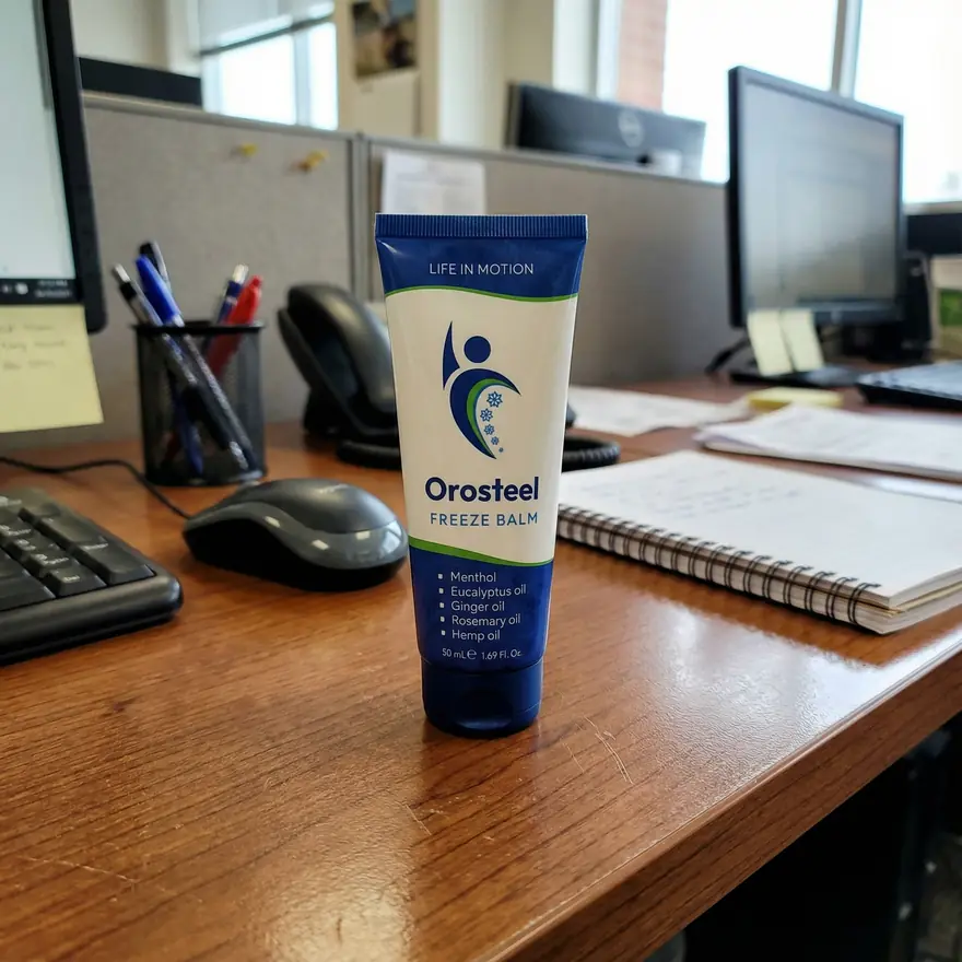 Orosteel Freeze Balm na pracovním stole vedle klávesnice a myši v kanceláři