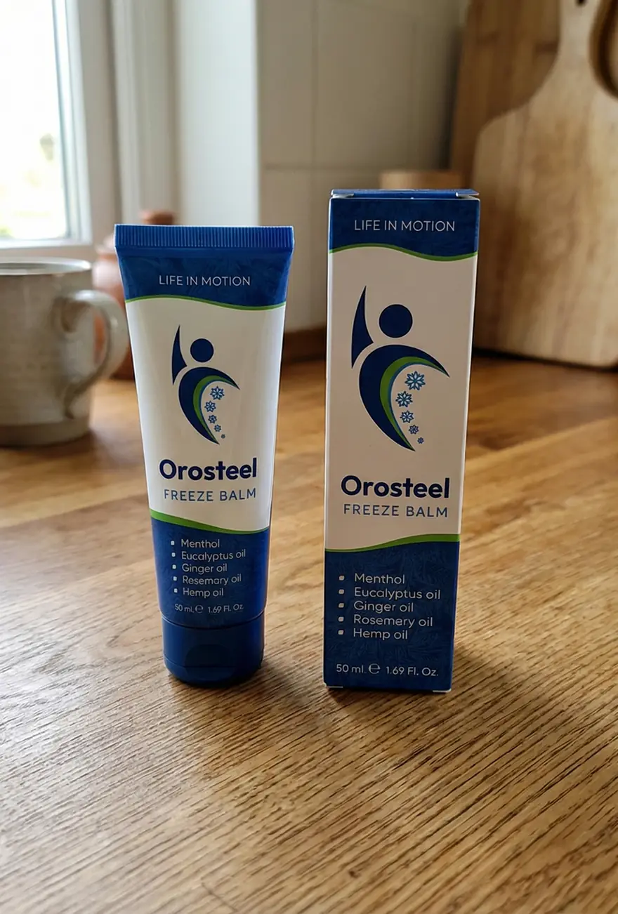 Tuba a krabička Orosteel Freeze Balm na dřevěném kuchyňském stole