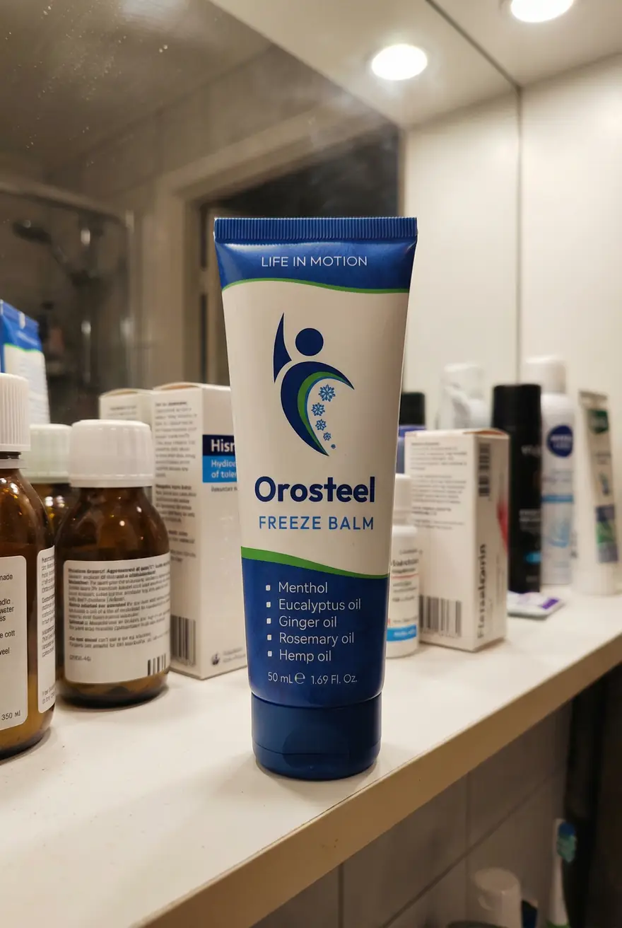 Orosteel Freeze Balm na poličce v koupelně mezi kosmetikou