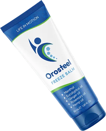 Nakloněná tuba Orosteel Freeze Balm, chladivý balzám k masáži pokožky nad klouby a svaly