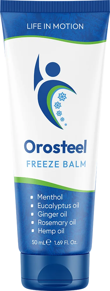 Tuba Orosteel Freeze Balm 50 ml s nápisem FREEZE BALM, krém-balzám, který nejdřív chladí a potom jemně hřeje