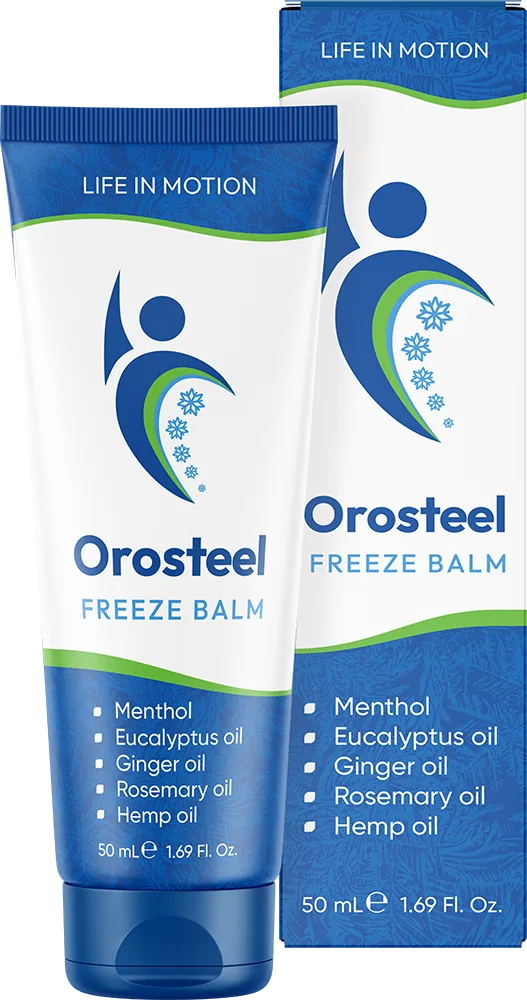 Orosteel Freeze Balm: bílá tuba 50 ml s modrým víčkem a krabička, chladivý krém-balzám na klouby a svaly
